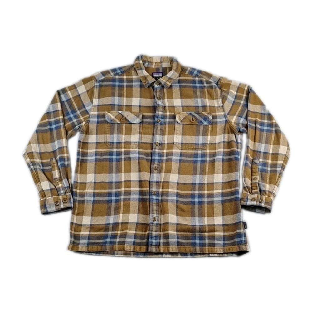 Patagonia Long Sleeve Fjord Flannel Shirt Men XL Plaid Brown Blue Organic Cotton